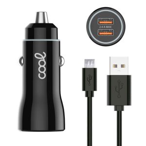 Carregador de carro Cabo MicroUsb (2 x USB) COOL 2.4A Kit 2 em 1 Preto